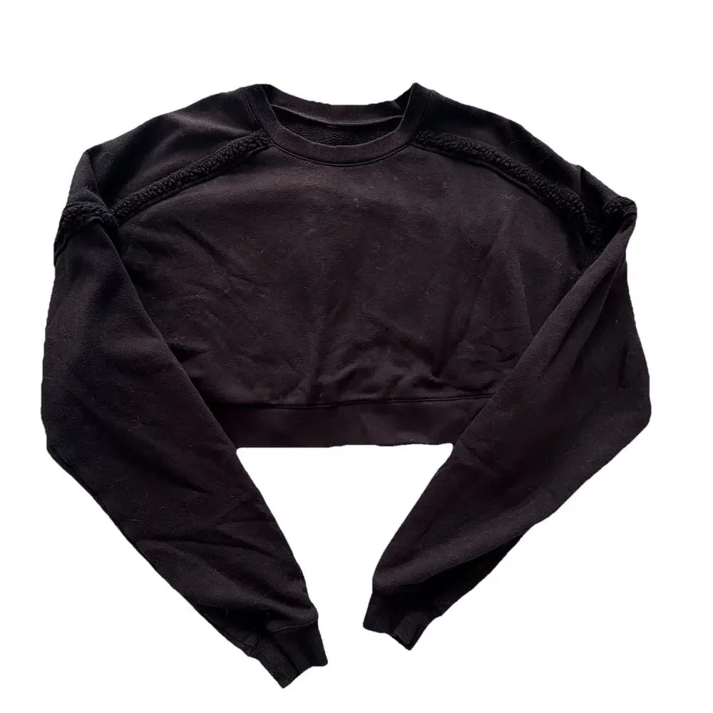 ALO Yoga Womens Black Cropped Textured Seamed Logo Sweatshirt M Athleisure